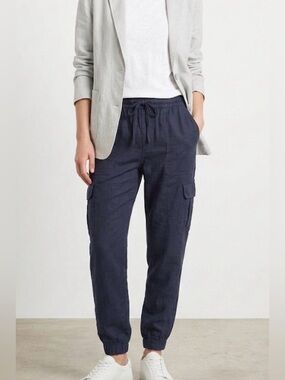 Nicole Miller Size 10 Navy Blue European Linen Cargo Jogger Pants Drawstring